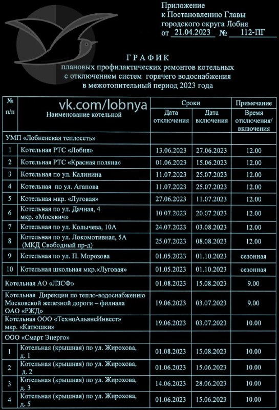 График летнего отключения горячей воды в Лобне 2023 - МОИНСЛобня